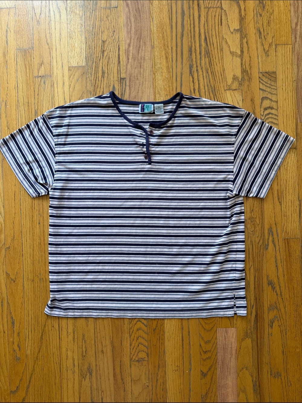 Vintage Short-Sleeve Striped Henley Tee in Navy & Pink XL